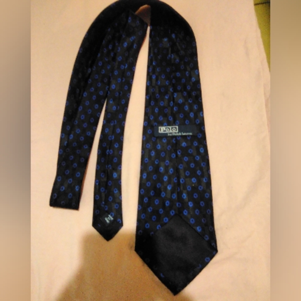 Polo by Ralph Lauren Navy Blue Silk Tie with Royal Blue Dot Motif.